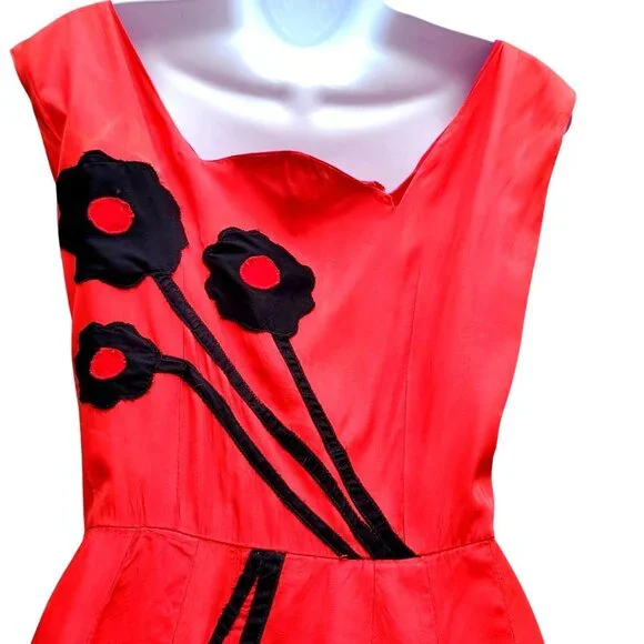 Vintage 30s Style Red Orange Acetate Maxi Size S Black Appliqué Gown Prom Dress - Picture 9 of 14